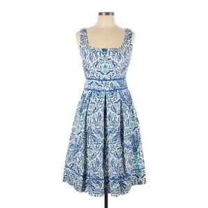 Tory Burch Ramona Fit Flare Dress Floral Garden Party Blue Linen Silk Size 6
